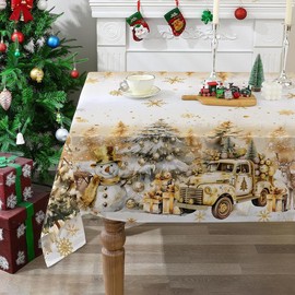 Christmas Tablecloth 60x84 Inches for Rectangle Tables - Truck and Snowman Christmas Decor - Water Resistant Gold Snowflake Xmas Table Cloth, Chrismtas Party Decorations for Kitchen, Home - Color: Gold, Size: 52"x52"- sqaure