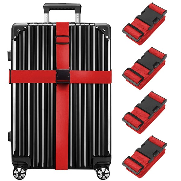 Newthinking Luggage Straps for Suitcases 4 Pack, Heavy Duty Adjustable Luggage Straps with Buckle, Travel Belt Accessories for Luggage Suitcase, Red