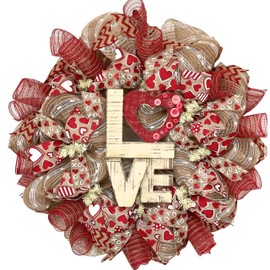 Valentines Day Wreath Love Button Natural Burlap Handmade Deco Mesh Available in 24 inch and 28 inch diameters