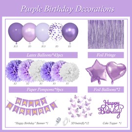 Purple Birthday Decorations for Women, Lavender Happy Birthday Decorations Birthday Banner Butterfly Purple Balloons Pom Poms Fringe Curtain Background for Girls Party Decorations