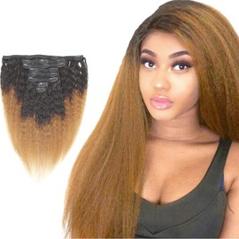 Yaki Clip in Human Hair Extension for Women Girls 1B 30 Brown Color 100% 10A Grade Human Hair, 8 Pieces/Set Kinky Straight Clip Ins Brazilian Hair Extension, 20 Inches, 1B/30 Color, 130 Gram