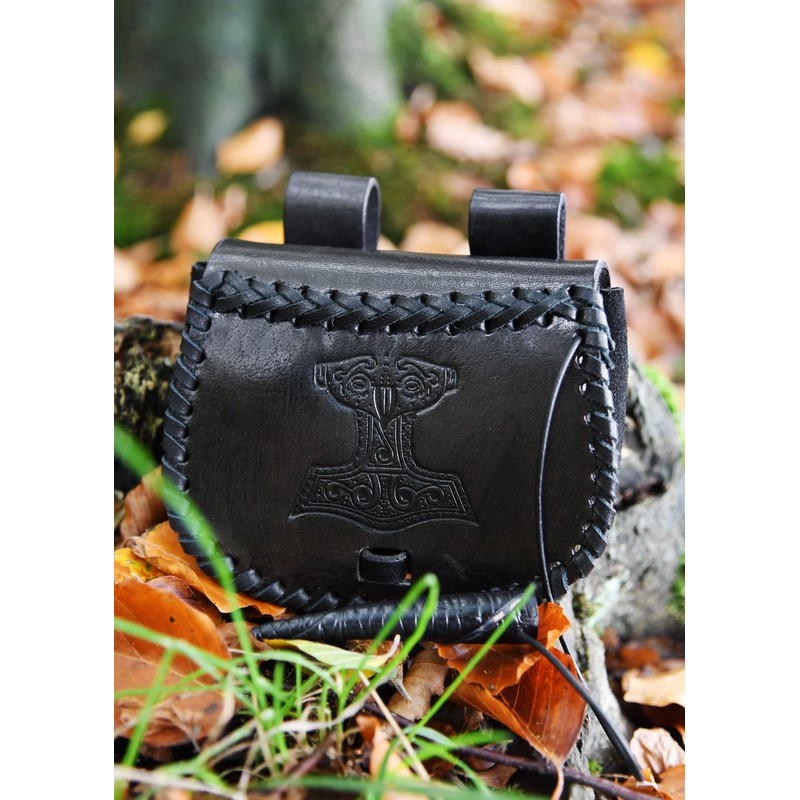 Battle-Merchant Small Medieval Belt Bag with Thor's Hammer Embossed Leather