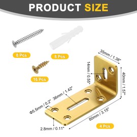 uxcell 4Pcs Adjustable L-Shape Corner Brace, 40 x 80 x 35mm l Corner Brace Slotted Joint Right Angle Bracket with Screws for Fixing Furniture Wood Shelves Cabinet Shelf, Rose Gold