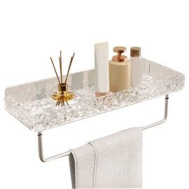 Bathroom Shelves Acrylic Space Saving Hole Free Floating Wall Mounted Hanging Shelves for Bathroom Sink Transparent Stone with White Rod