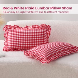 K MASANIJI 2 Pack Red Plaid Ruffle Gingham Lumbar Pillow Shams 12x20 inches, Washed Cotton Checkered Farmhouse Zipper Closure Pillow Covers for Bed/Sofa (Lumbar, Red/White Plaid)