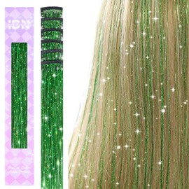 IDN BEAUTY Hair Tinsel Clip in, 6pcs Green Sparkling Tinsel Hair Extensions 3s Wear and Go for Party Daily Travel Birthday, 24Inch Hair Accessories for Girls Women Kids