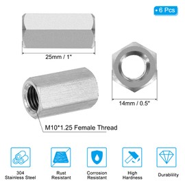 PATIKIL M10 x 1.25-Pitch 304 Stainless Steel Hex Coupling Nuts, 6Pcs 25mm/ 1" Length Fully Threaded Rod Coupling Nut Studding Connector Fasteners, Silver Tone