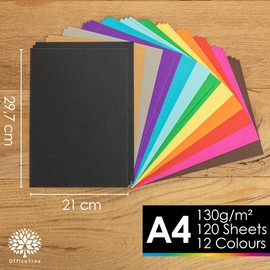 OfficeTree 120x Coloured Paper A4-12 Colours - 130 g/m² - Color Paper with Gold and Silver - A4 Coloured Paper - A4 Coloured Card - Craft Paper for Kids - Craft Card