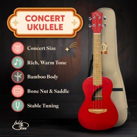 Eddy Finn Bamboo Beach Concert Ukulele for Adults, Beginner and Professional Musical Instrument, Travel-Friendly with Gig Bag, Transparent Red