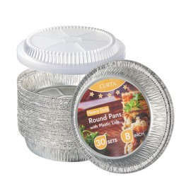 CURTA 8" Round Aluminum Foil Pans with Clear Lids | Heavy Duty | Great for Broiling, Baking, Storage, Roasting, Takeout, Air Fryer | 30 Pack