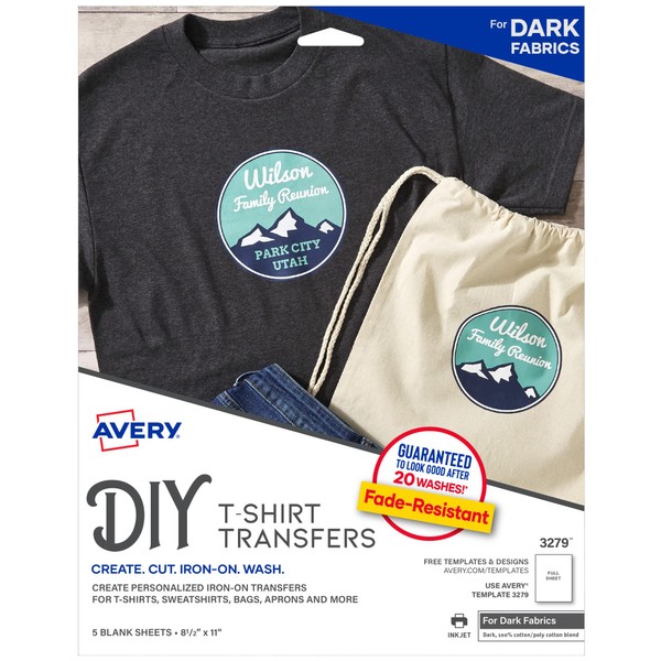 Avery Printable T-Shirt Transfers, for Use On Dark Fabrics, Inkjet, 30 Paper Transfers (3279)