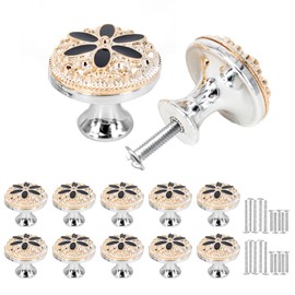 Misuyue Furniture Knobs, Vintage, 30 mm, Chic Cupboard Knobs, Round with Decorative Floral Pattern, Pack of 10 Door Knobs for Drawer, Cabinet, Furniture, Kitchen Cabinets, Wardrobe (Silver + Black)