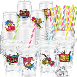 FoldTier 50 Pcs 80's Party Cups Disposable Plastic Cup 12 Oz G Back to 80s Cups Thick 80s Theme Clear Cup Lids Straws Retro Music Party Supplies Throwback Dance Birthday Party Favor Table Decorations