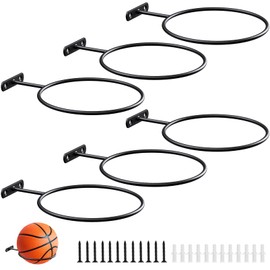 QTJUST 6in 6Pcs Basketball Holder Wall Mmount Universal Ball Rack Metal Black Rack Holder Space Saver for Basketball Football Volleyball Soccer Storage Display