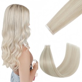 FUOTONBUTY Tape in Hair Extensions Human Hair Double Stitched Invisible Seamless Tape ins 20pcs 50g (Balayage Wheat Blonde to Bleach Blond, 14 inch)
