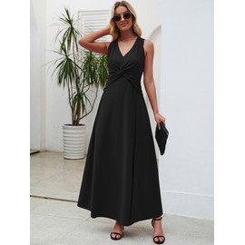 XEB Wedding Guest Dresses for Women 2025 V Neck Formal Dresses for Women Sleeveless Evening Gowns Pleated Cocktail Elegant Ruffle-Black-M
