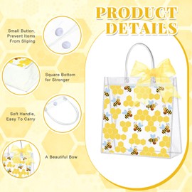 SilTriangle 30 Pcs Bee Clear Gift Bag with Handle Ribbon PVC Honey Bee Bow Party Favor Reusable Goodie Treat Snack Bag for Birthday Gender Reveal Baby Shower Party Supplies, 7.87 x 7.87 x 3.15 Inch