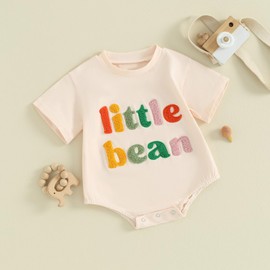 XIXIMAON Newborn Clothes Summer Little Bean Romper Infant Baby Girls Boys Short Sleeve Crew Neck Embroidery Letter Jumpsuit Toddler Shirts (Beige, 0-3 Months)