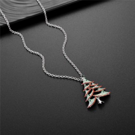 LUX ACCESSORIES Christmas Tree Pendant Red Rhinestones Green Glitters Silver Tone Chain Necklace