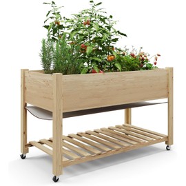 Hipicute Gardening 48x24x32-Inch Wooden Raised Garden Bed with Legs, with Bed Liner and Bottom Shelf for Flowers, Veggies, Herbs, Great for Outdoor Patio, Deck, Balcony, Backyard,Natural