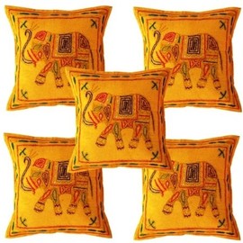 Sophia Art 5 Pieces Handmade Sequins Embroidery Ethnic Indian Elephant Design Throw Cushion Covers Toss Cushion 16 x 16 Inch Yellow