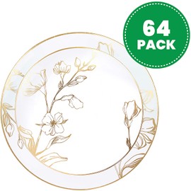Plasticpro 64 Piece Combo Plates Set includes 32 7'' inch Plates & 32 10'' inch Plates White Plastic Floral Design Party Plates With Gold Rim, Premium Elegant, Disposable, Tableware, Dishes,