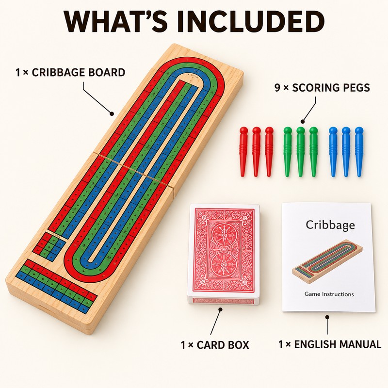 Wooden 3-Track Cribbage Board Game with 9 Pegs, Playing Cards