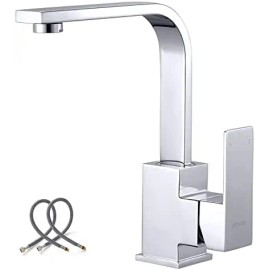 Modern Stainless Steel High Arc Single-Hole Kitchen Bar Faucet with Water Supply Hose Mini Prep Sink FaucetColor: Chrome, Surface Finishing: Chrome