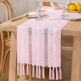 MLMW Pink Farmhouse Coffee Linen Table Runner 48 Inches Long Rustic Small Dining Table Centerpiece Decor Boho Dresser Runners for Spring Living Room Bedroom Kitchen