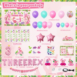 KimaruLZ Pink Dinosaur Birthday Decorations for 3 Year Old Girls, 134 Pcs Three Dino Rex Girl Dinosaur Party Supplies for Girl - Backdrop, Toppers, Tablecloth, Centerpieces, Banner, Crown, Poster