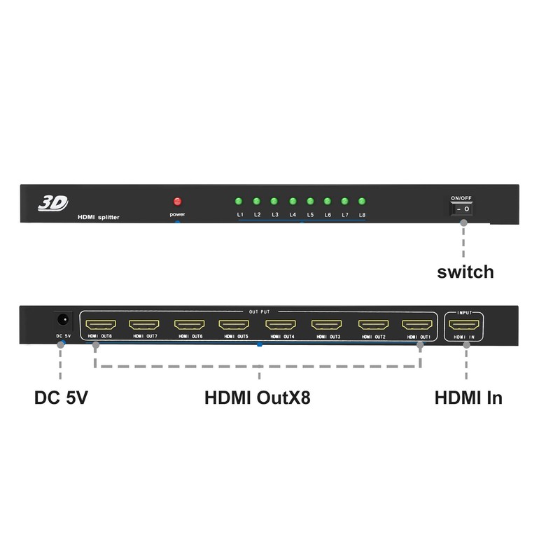 J-Tech Digital JTD3DSP0108 8-Port HDMI v1.3 1-Input 8-Output 1x8 1080P