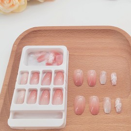 Pink Press on Nails Short Coffin Cute Flower Gradient Fake Nails with Golden Glitter Designs Full Cover Faux Nails Press ons Reusable Glue on Nails for Women and Girls Daily Wear 24 Pcs