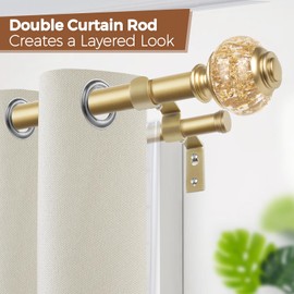 1 Inch Gold Double Curtain Rods for Windows 120 to 180 Inches, USFOOK Adjustable Heavy Duty Drapery Rods 140 to 195 Inches, Telescoping Dual Curtain Rod with Translucent Finials, Wall Mounted