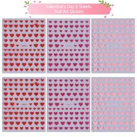 Valentine's Day Nail Art Stickers Decals 3D Embossed Romantic Red Pink Heart Valentine's Day Nail Decals Hot Pink Heart Design Nail Art Supplies for Women New DIY Manicure Decor 6PCS