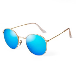 DQbhzh Gafas de sol redondas de metal para hombres y mujeres, clásicas, vintage, modernas, UV400, Dorado/Azul, Talla unica