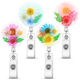 4 Pack Floral ID Reel Set Practical ID Badge Holders with Artistic Flower Designs, Retractable Nursing Badge Reels for Healthcare Professionals, Functional Work Supplies (Purple)