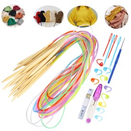 Knitting Needles Set, 18Pcs Circular Needle Bamboo for Knitting Scarves for Sweaters(120cm+Accessories Bag)