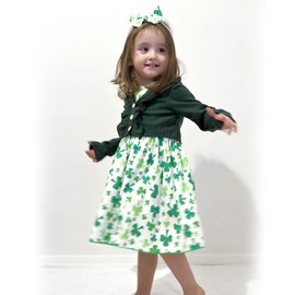 HINTINA 3T Toddler little Girls St. Saint Patrick's Day Dress Outfits Shamrock Sleeveless Sundress With Long Sleeve Waffle Cardigan Set 3-4T