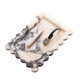 100% Natural Marble Vanity Tray - Scalloped Marble for Bathroom Countertop, Kitchen Counter, Dresser, Candle & Key, Luxury Stone Tray for Home Decor (White)