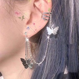 Jumwrit Cuff Chain Earrings Butterfly Drop Dangle Earrings Tassel Ear Cuff Crawler Climber Earrings Cartilage Hoop Earrings Silver Wrap Earrings with Crystal Stud for Women