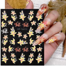 Fall Nail Art Sticker 5D Embossed Autumn Leaves Nail Decals Gold Yellow Maple Leaf Nail Decals with Texture Sliders Supplies Holiday DIY Manicure Decor Stickers for Women Nails Decals 1PCS
