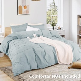 NEXHOME PRO 100% Washed Cotton Duvet Cover Full Size, Pleated Textured Duvet Cover Set Light Blue, 3 Pieces Bedding Set with Zipper Closure, Soft, Lightweight and Breathable (80"x90", No Comforter)