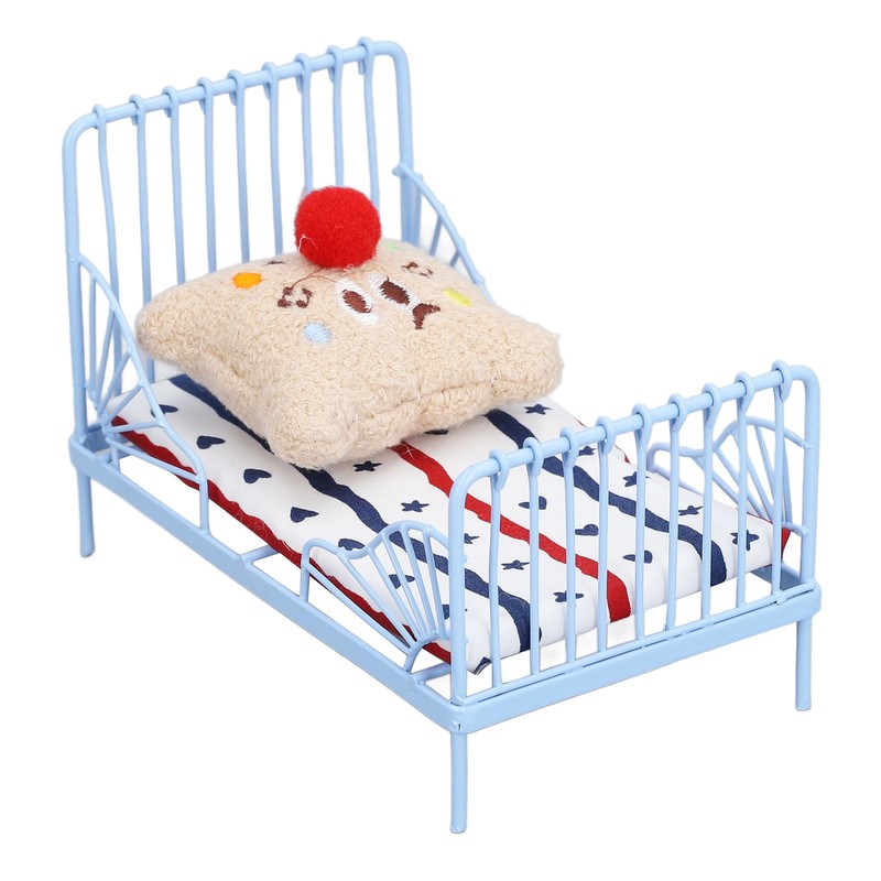 1:12 Miniature Bed Metal Structure Cute Pattern Sponge Cloth Mattress
