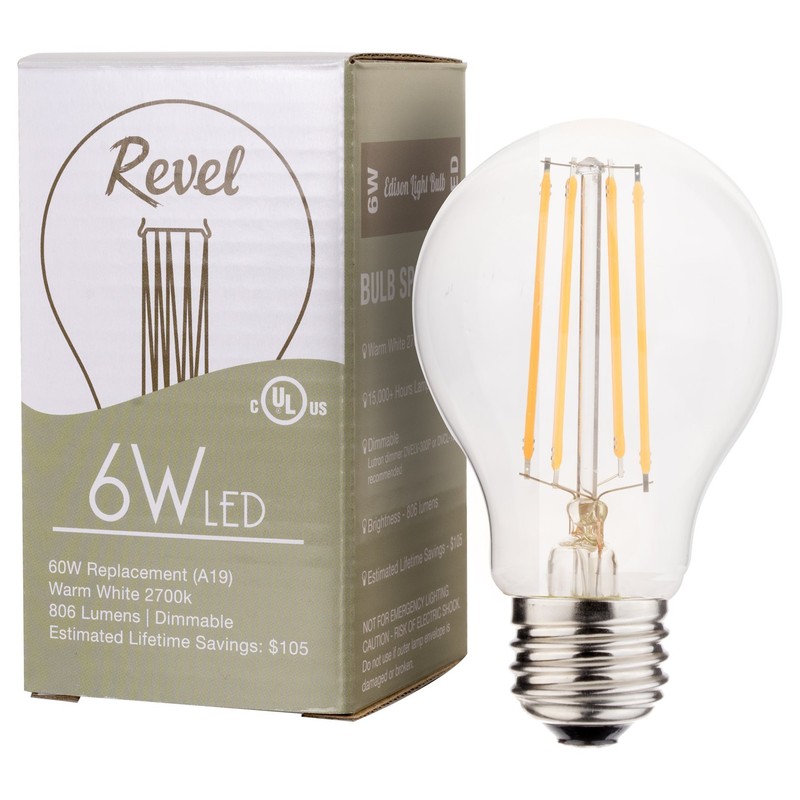 Revel 6W Dimmable LED Edison Light Bulbs, 2700K Warm White,