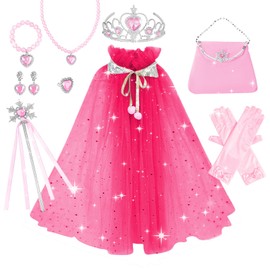 Plameil Princess Cape Set Girls Dress Up Cloak with 9 Pieces Tiara Crown, Wand for Kids Costumes (Rose Red, M)