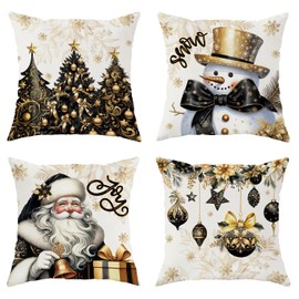 SEGXCFL Christmas Throw Pillow Covers 18x18 Set of 4 Luxurious Velvet Pillow Covers Snowman Tree Santa Decorative Black Gold Pillowcover for Couch Sofa Livingroom Outdoor Christmas Home Decor