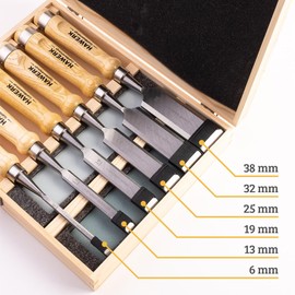 HAWERK Wood Chisel Set - Wood Chisel Sets with Premium Wooden Case - Small Carving Wood Chisels for Woodworking - Includes 6 pcs Wood Working Chisels & 2 Sharpening Stones