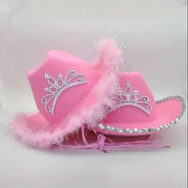 Light Up Pink cowboy hat wirh rhinestone star and feather Boa hats for - Style: Sequins Trim