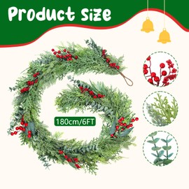 GOVIRAYE 180cm Artificial Christmas Garland with Red Berries – 6FT Holiday Greenery Garland for Mantel, Staircase, Fireplace, Front Door, Indoor Outdoor Winter Decoration