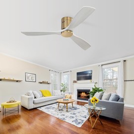 Sofucor 52 Inch Solid Wood Low Profile Flush Mount Ceiling Fan No Light, Outdoor Modern Ceiling Fan without Light 6-Speed, 3-Timer, Reversible DC Motor for Living Room Bedroom